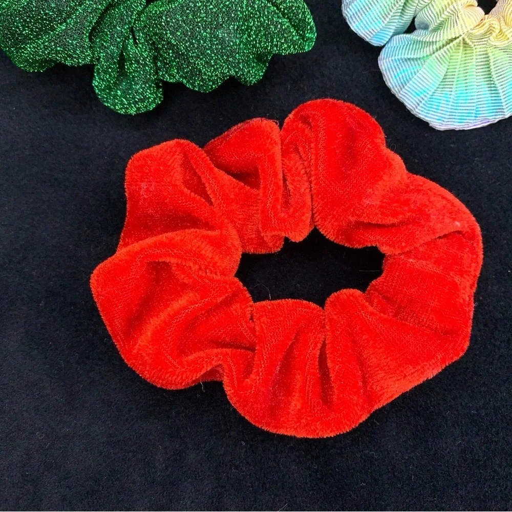 Vintage Set Of 3 Hair Ties Scrunchy Holiday Red Green Iridescent 90s Retro